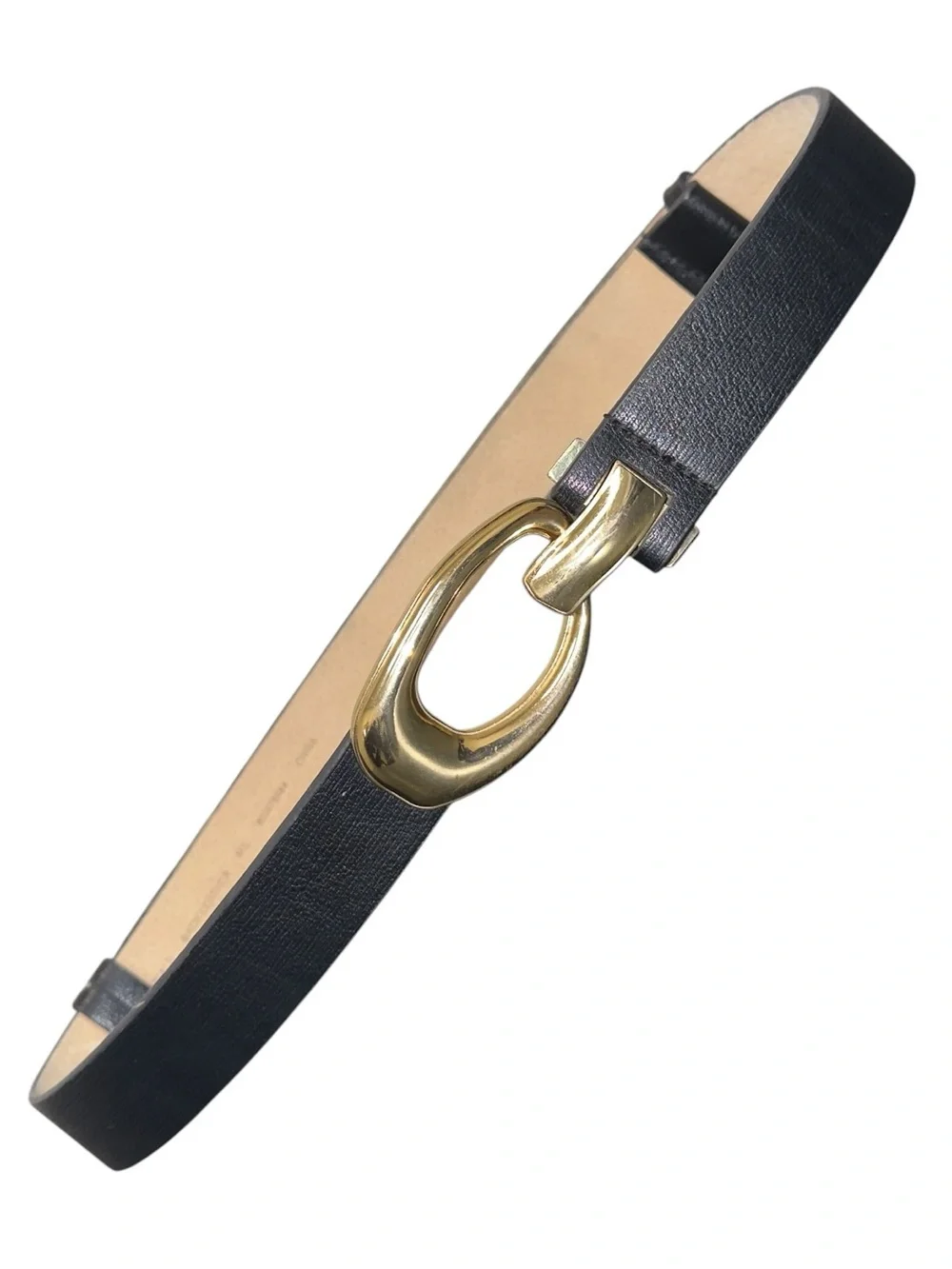 Chico’s Black Genuine Leather Belt M/L Adjustable Gold Statement Buckle